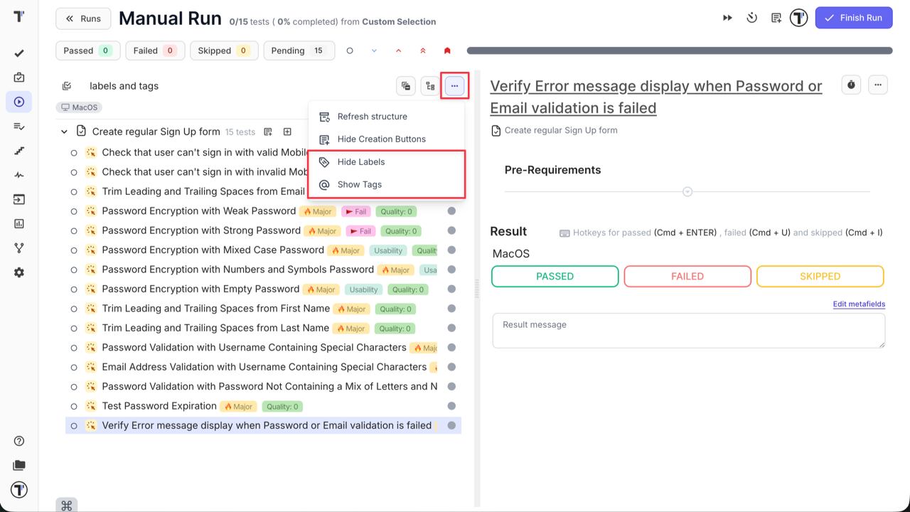 Testomat.io - Show/hide tags & labels
